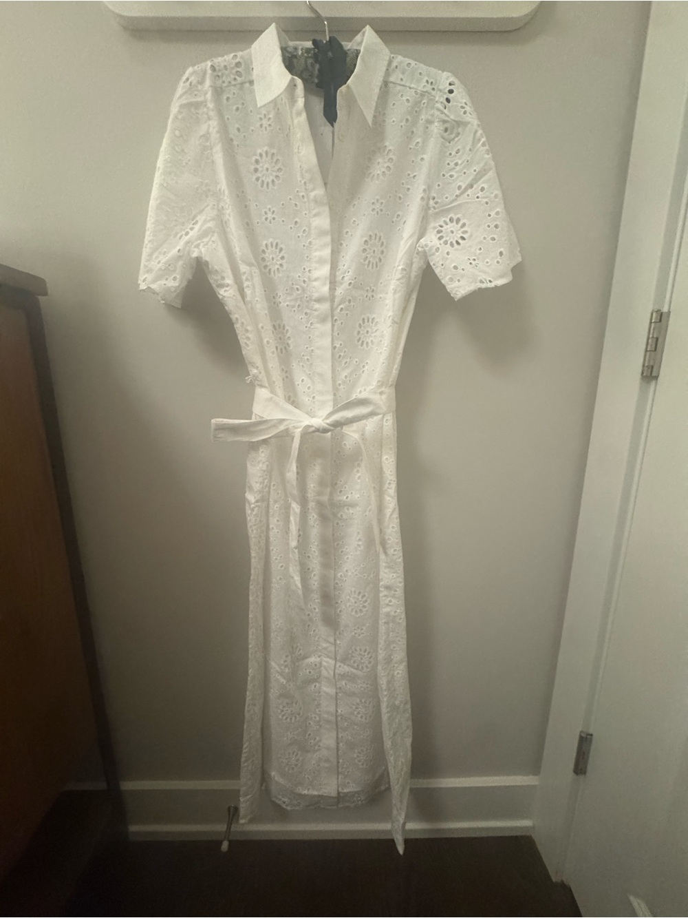 Ann Taylor White Eyelet Midi Shirt Dress with Tie Waist